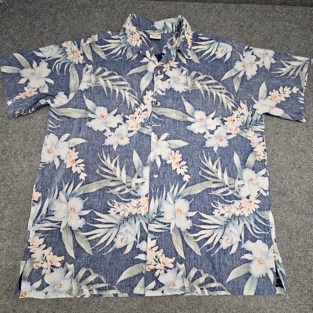 Go Barefoot Button Up Mens XL Tall Hawaiian Shirt Blue Orchid Floral Tropical